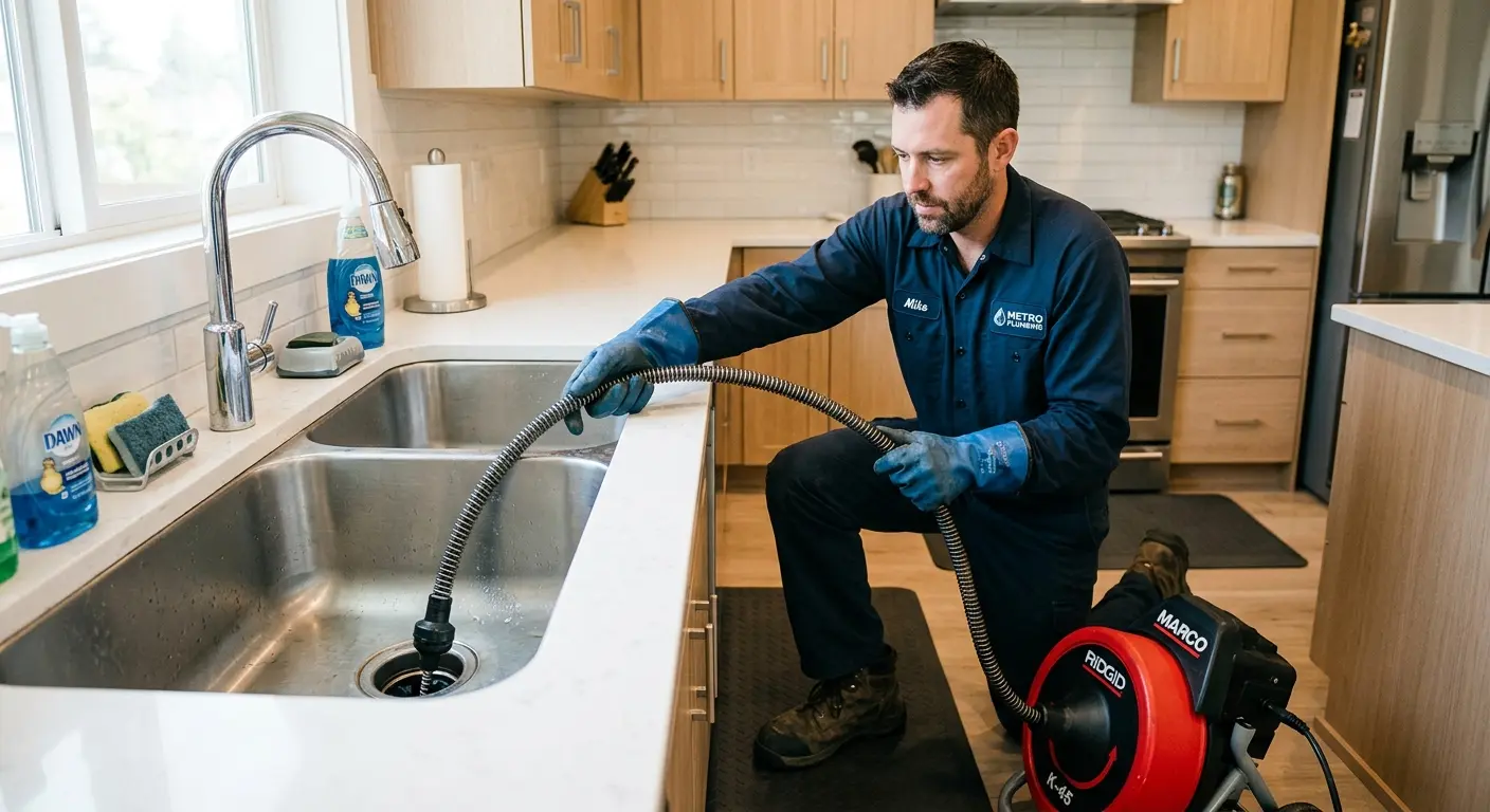Drain cleaning technician using a motorized snake on a kitchen sink in Narragansett