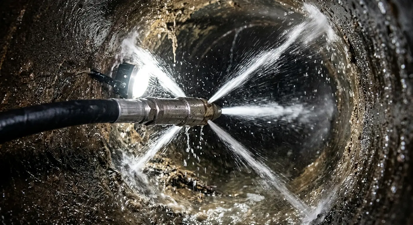 High-pressure hydro jetting nozzle cleaning sewer pipe for Sewer Cleanout in Narragansett