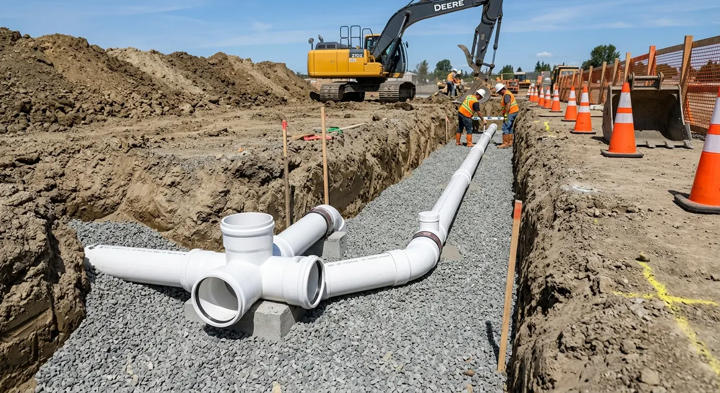 New PVC sewer pipe installation in open trench for Sewer Backup in Narragansett